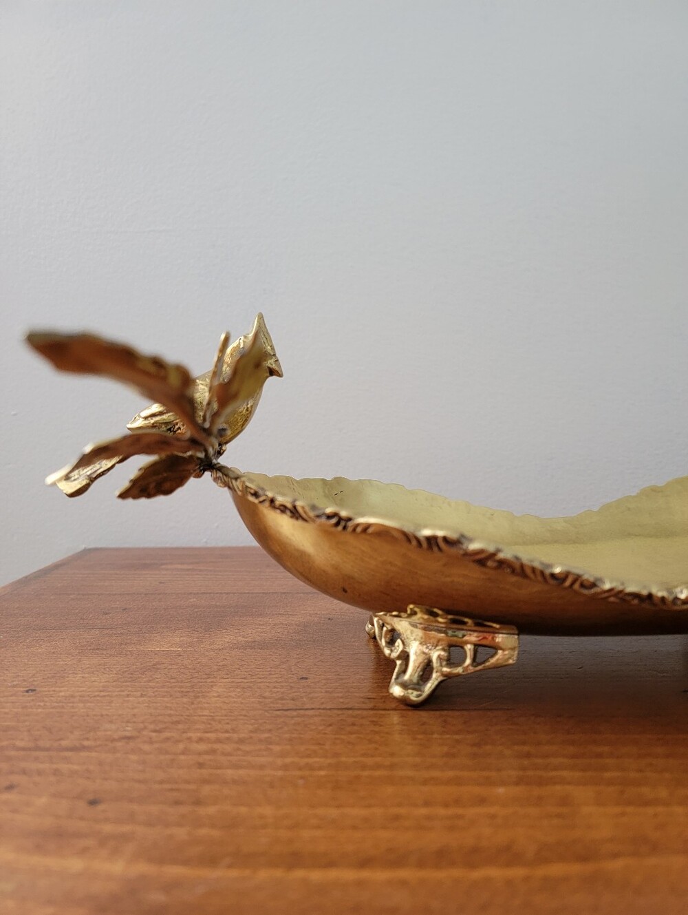 Gold-Tone Metal Catchall Trinket Bowl Tray Bird Perched On Branch Centerpiece - Picture 9 of 16